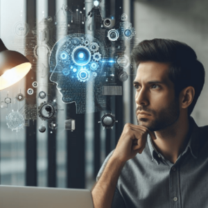 AI Marketing strategy and digital transformation training - Professional thinking with AI technology gears and cogs representing strategic planning, pharmaceutical marketing automation, and intelligent business solutions - PROMO PHARMA AI marketing pharma courses for medical representatives and pharmaceutical marketers in Saudi Arabia