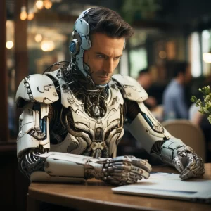 AI-powered copywriting robot creating pharmaceutical content - Professional humanoid robot writing pharmaceutical marketing materials - PROMO PHARMA pharmaceutical training Saudi Arabia for medical communication and AI-powered content creation for pharmaceutical professionals